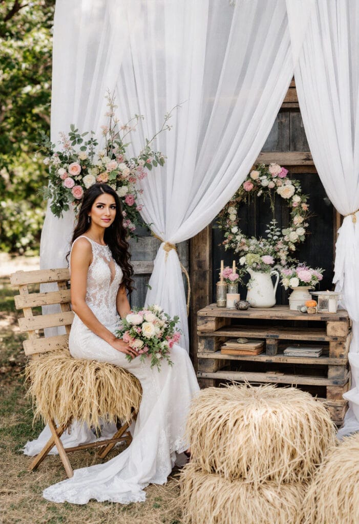 Rustic Spring Wedding Decor (2) Bride in dress on hay bales at a Spring wedding surrounded by Spring floral wedding decor