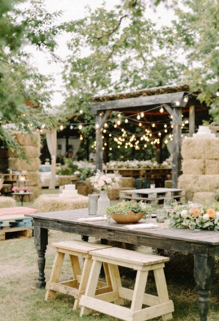 Rustic wedding with Spring colors over hay bales and palette furniture