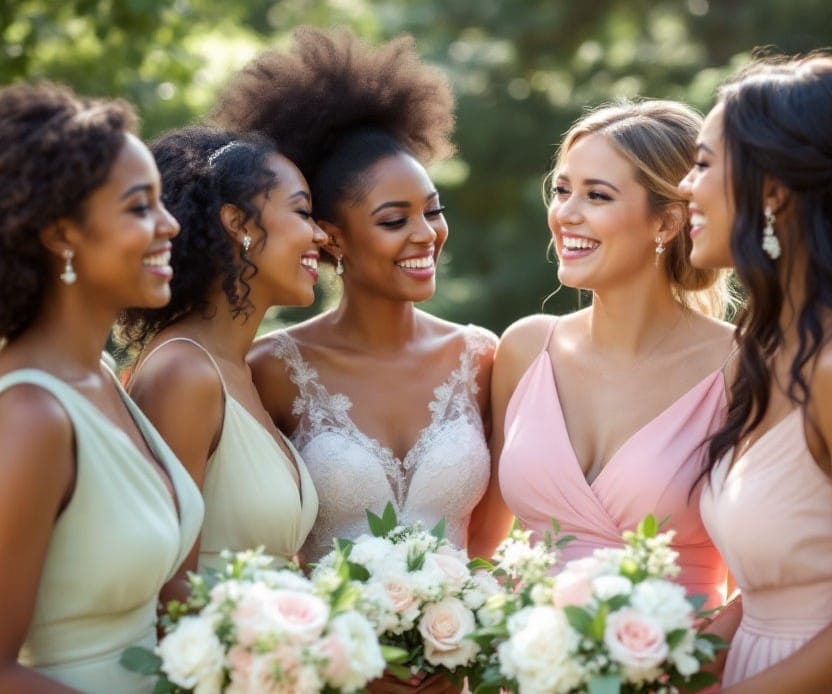 Spring wedding (7) Bride and bridesmaids holding Spring flowers