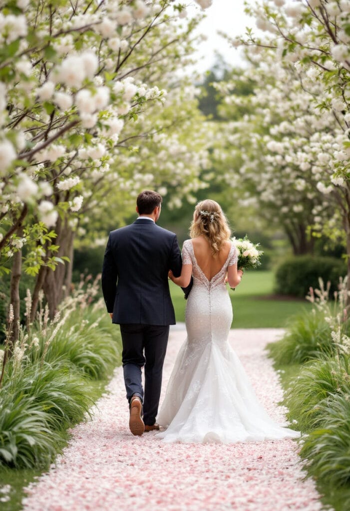 Spring wedding (8) Bride and Groom at a spring wedding with pink petals on the ground