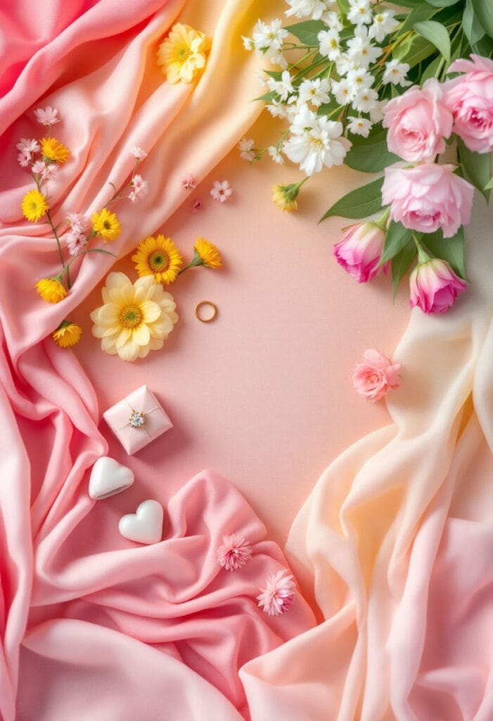 Multiple Spring colours palette with wedding rungs and wedding flowers from above