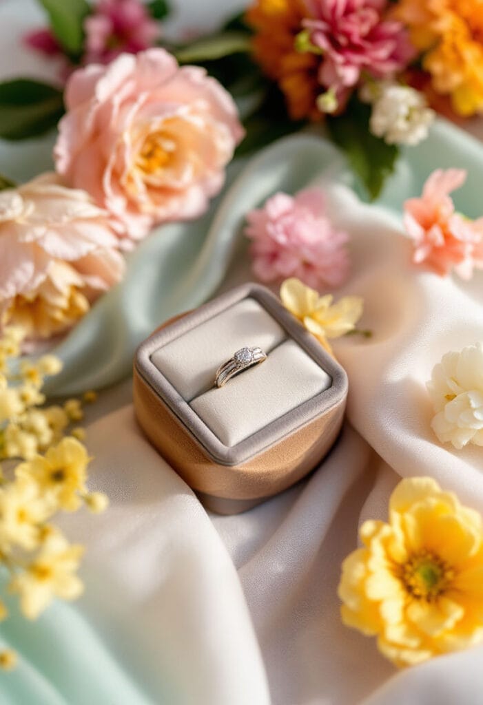 Spring wedding colour palette with ring in box and flowers in Spring colors