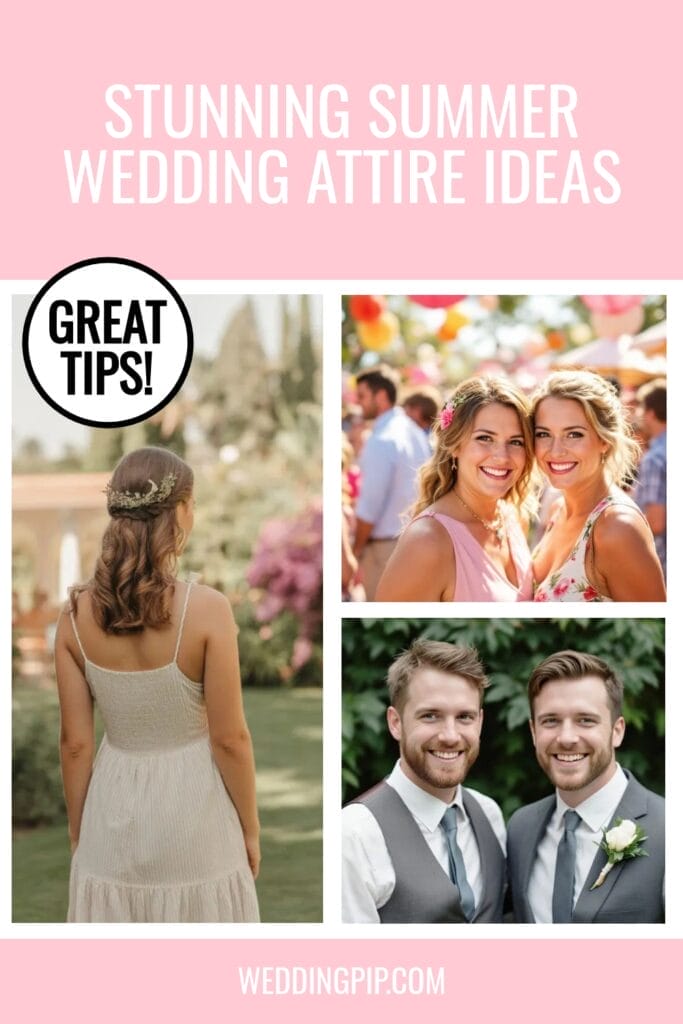 Collage with Stunning Summer Wedding Attire Ideas text. Highlights summer wedding guest attire: a woman in a light dress, two smiling women in floral hairpieces, and two men in light suits with ties. Great tips! and weddingpip.com also appear.