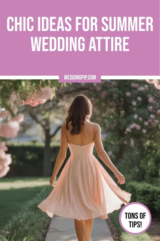 A woman in a light pink, sleeveless dress walks down a garden path lined with blooming flowers. Text above reads “Chic Ideas for Summer Wedding Guest Attire.” A round label says, “Tons of tips!”.