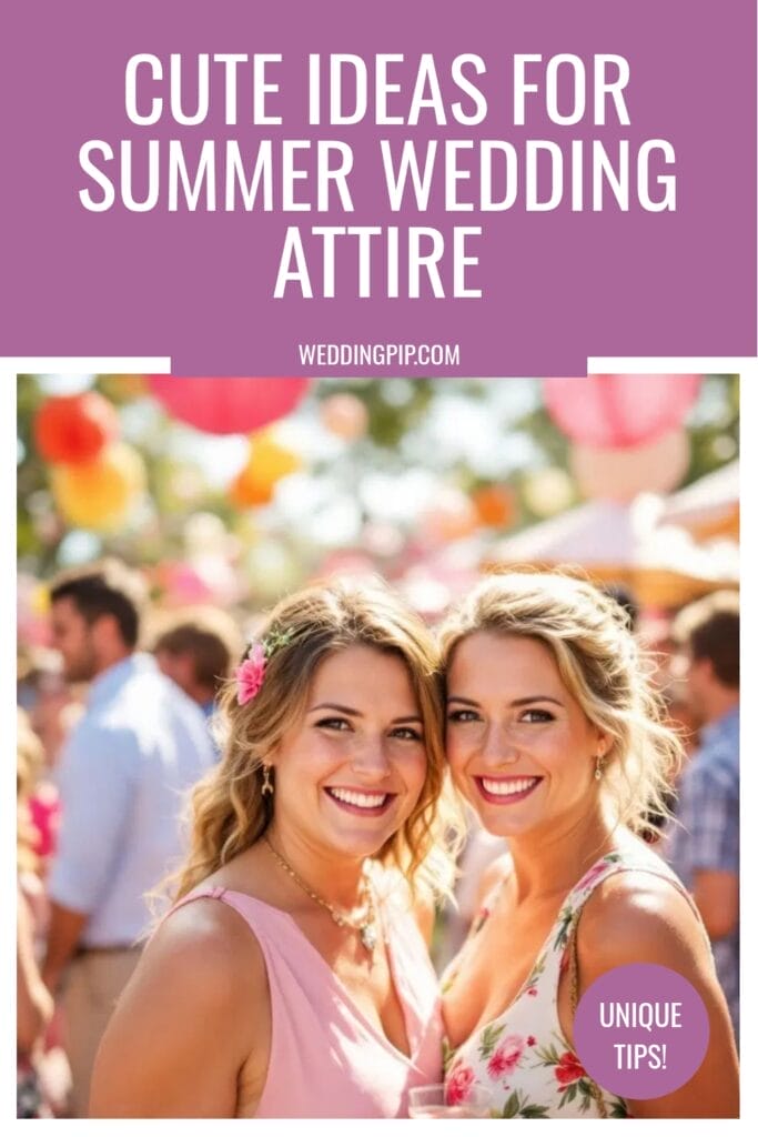Two smiling women in summer dresses pose at an outdoor wedding, surrounded by colorful decorations and guests. Text above reads Cute Ideas for Summer Wedding Guest Attire.