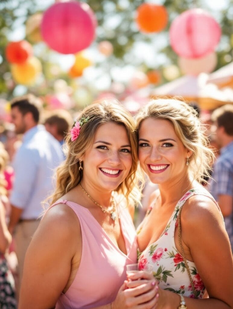 Two women in cute dresses at a summer wedding