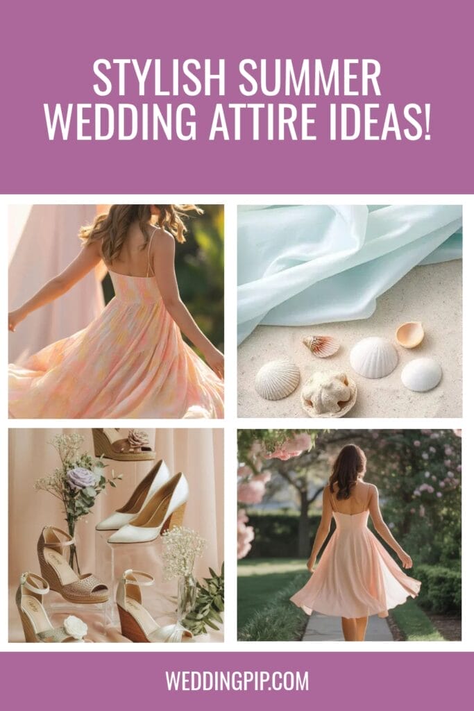 A collage featuring stylish summer wedding guest attire ideas! Text, a woman in a light sundress, pastel fabrics and seashells, elegant wedding shoes, and another woman in a flowy dress outdoors. Perfect inspiration for your next summer wedding outfit.