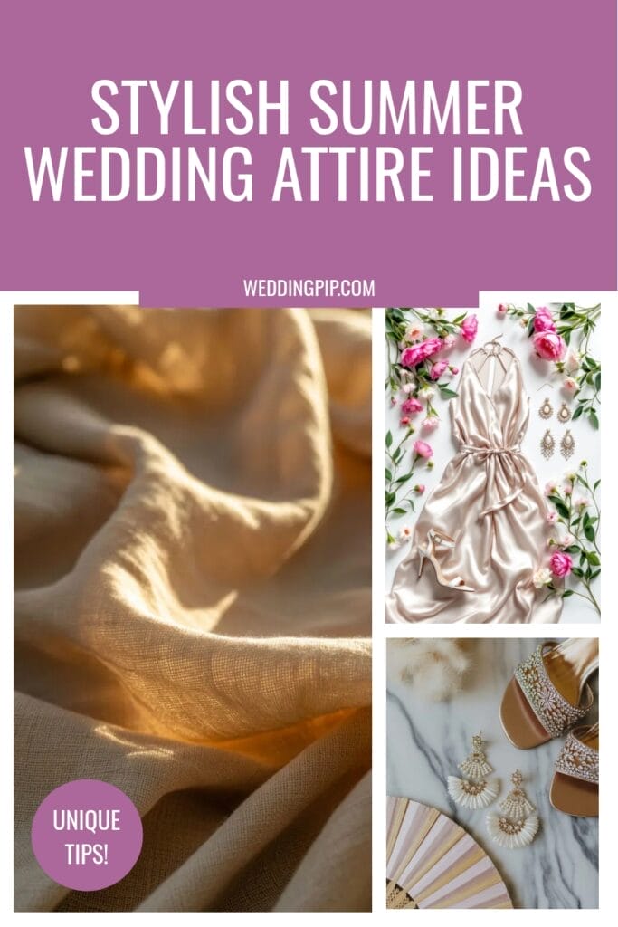 Collage featuring silky gold fabric, a satin dress styled with flowers and jewelry, plus a flat lay of earrings and heeled sandals, with text: Stylish Summer Wedding Guest Attire Ideas.
