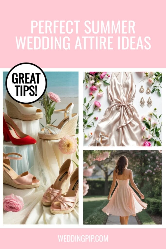 Collage with Perfect Summer Wedding Attire Ideas text, showing high heel shoes, sandals, a satin dress with jewelry, and a woman in a pink dress walking outdoors. Great Tips! is highlighted in a circle for summer wedding guest attire.