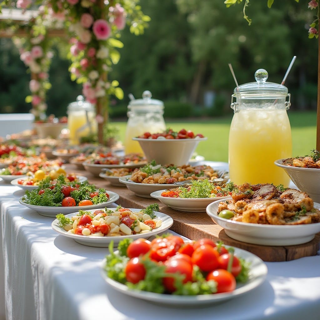 Summer wedding (4) Banquet buffet of food at wedding in summer