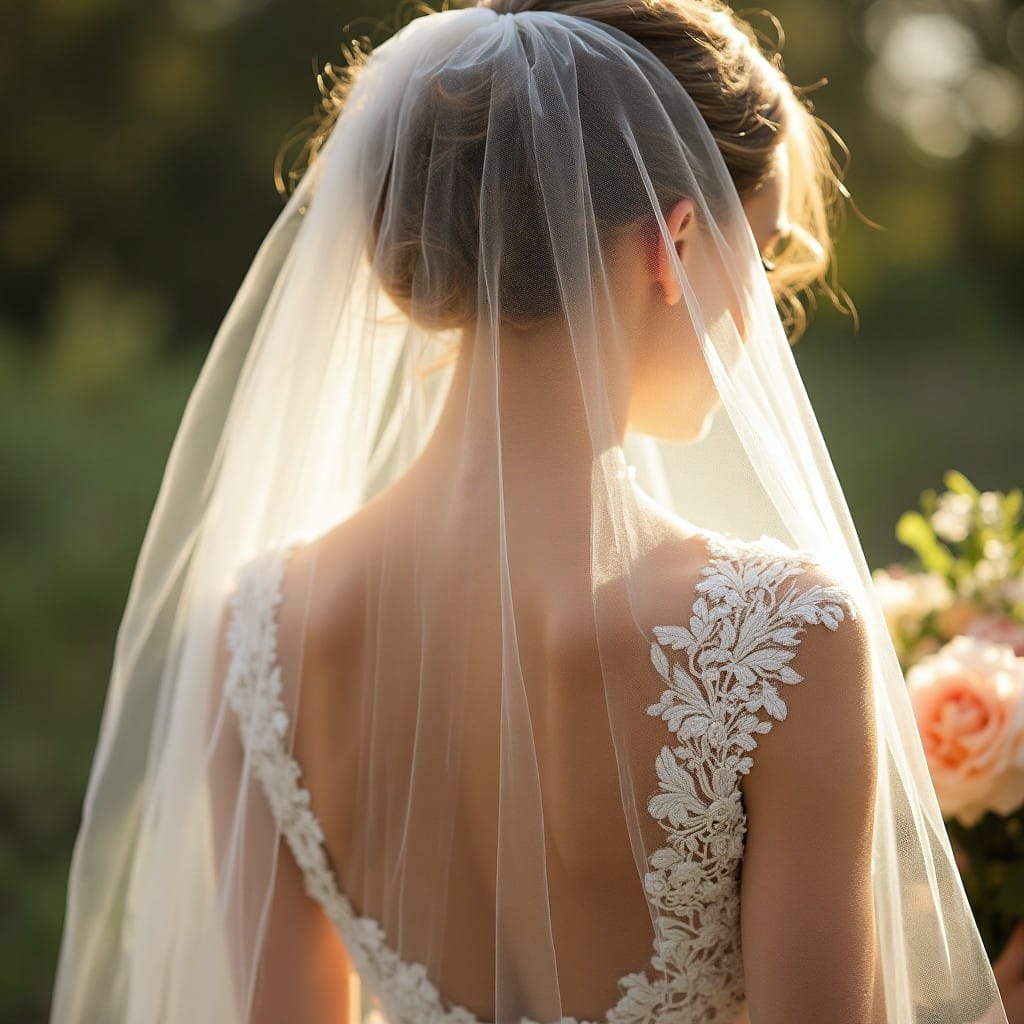 Wedding in summer (3) Bride vail from behind at wedding in summer