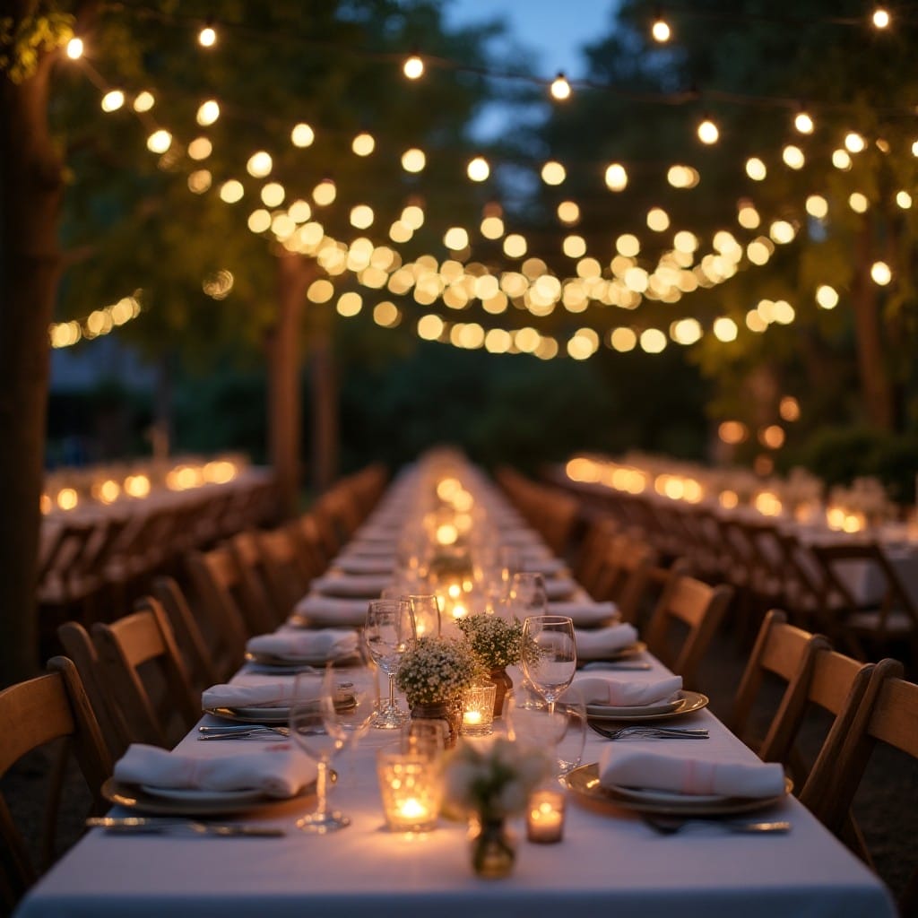 Wedding in summer (5) Evening summer wedding lights over table