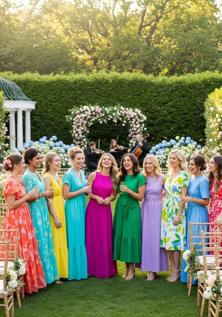 semi formal colorful summer wedding guest dresses (1) A group of guests in colorful summer wedding dresses