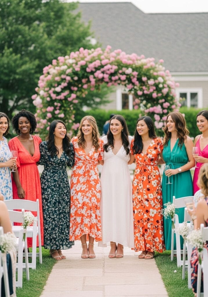 semi formal summer wedding guest dresses (4) Group of women in patterned dresses at a summer wedding