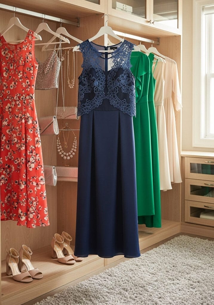 wedding guest long dresses for summer (2) Blue semi-formal long summer wedding guest dress on hangar